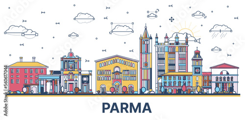 Outline Parma Italy City Skyline with Colored Historic Buildings Isolated on White. Vector Illustration.