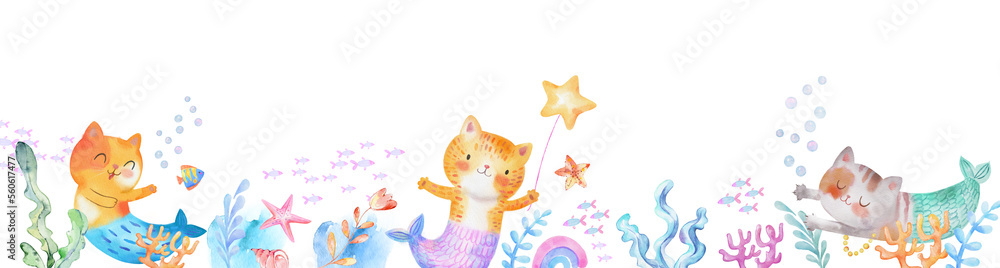 Horizontal Banner with Cute Watercolor Cat-Mermaid Purr-maid. Underwater fairy background with mermaid fish and sea plants