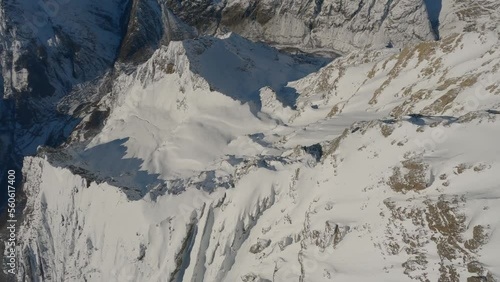 Aerial view of a eagle Milan Royal at 2800m altitude in transition over the Alpine valleys during a beautiful winter day
