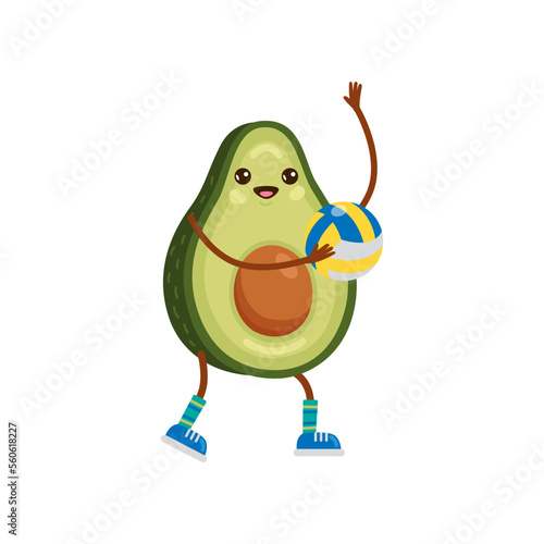 Avocado character playing volleyball cartoon illustration. Happy fit fruit with cute face exercising isolated on white background. Sport, gym concept.