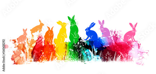 Happy Easter. Multicolored rabbits. Vector illustration