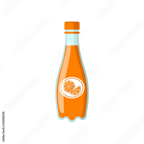 Plastic bottle of orange soda vector illustration. Fresh fizzy drink in bottle, beverage with fruit flavor isolated on white background. Beverage, refreshment concept