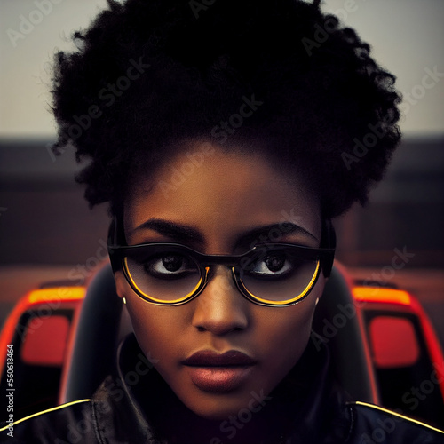 Stampa su tela African American female in bomber jacket, driver, street racer,  AI Generated po