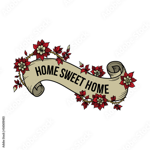 Isolated Home sweet home ribbon banner with leaves and flowers
