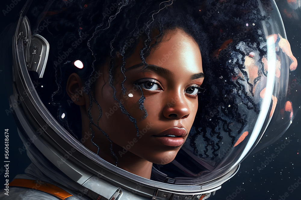 Black woman in a spacesuit in space Space exploration concept generated by AI Black woman in a spacesuit in space Space exploration concept generated by AI