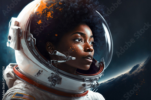 Black woman in a spacesuit in space Space exploration concept generated by AI photo