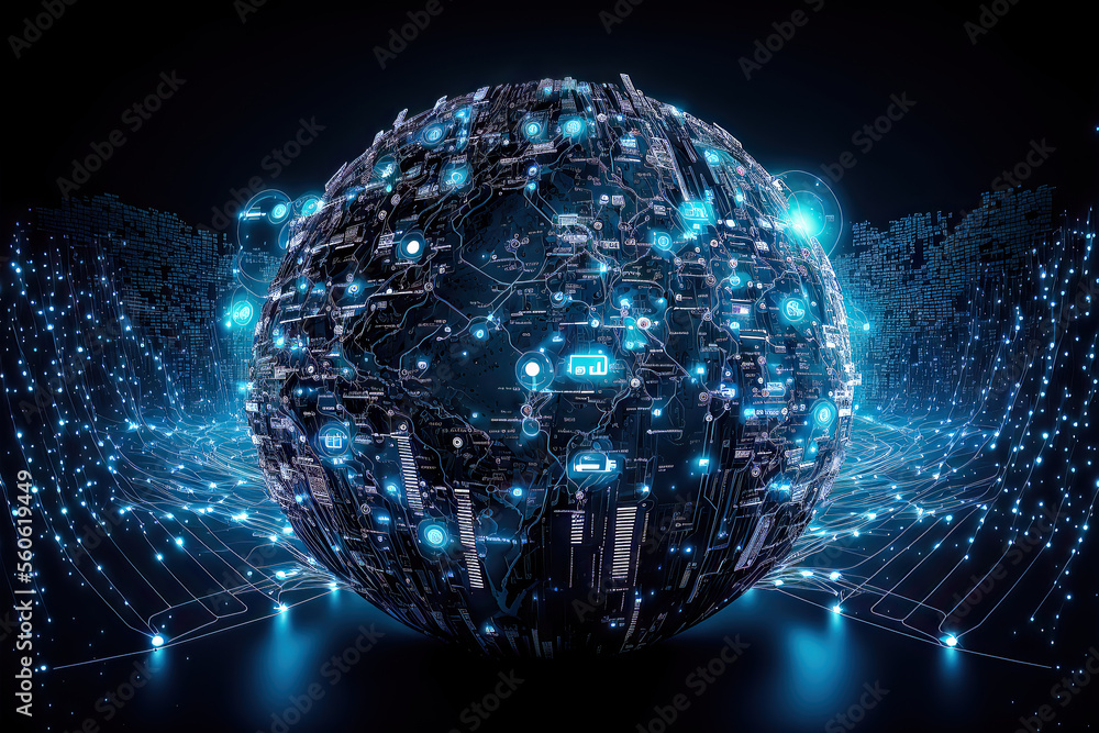 Obraz premium IoT Internet of Things Illustration Weltweiter Datenfluß Bigdata Visualisierung von Datenstreams Neuronale Netze Business Analysen Graph Generative AI Digital Art Backdrop Hintergrund Brainstorming 