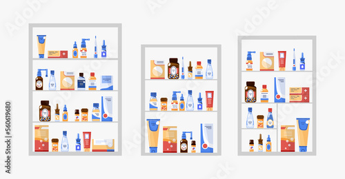 Different sizes of shelves with medical products.Vector flat illustration