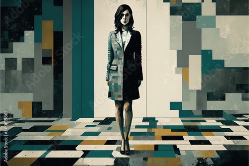 A business woman walks on a vintage floor retro in the style of the 80s