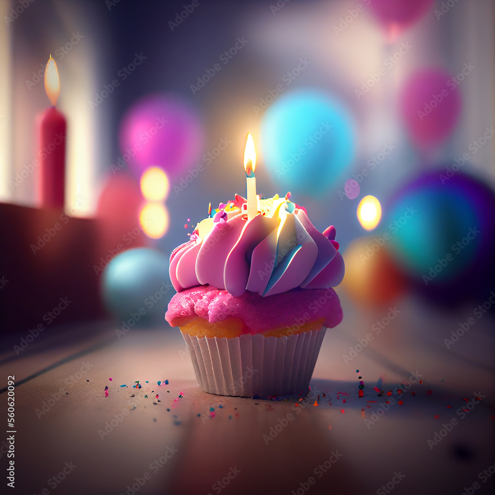 Happy Birthday Greeting Card with Cake in Bokeh Background Generative