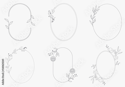 Floral and ellipse hand drawn style. Floral black and white frame of twigs, leaves and flowers. Frames for the Valentine's day, wedding decor, logo and identity template.