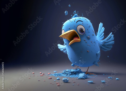 The blue twitter bird is falling apart. Generative AI photo