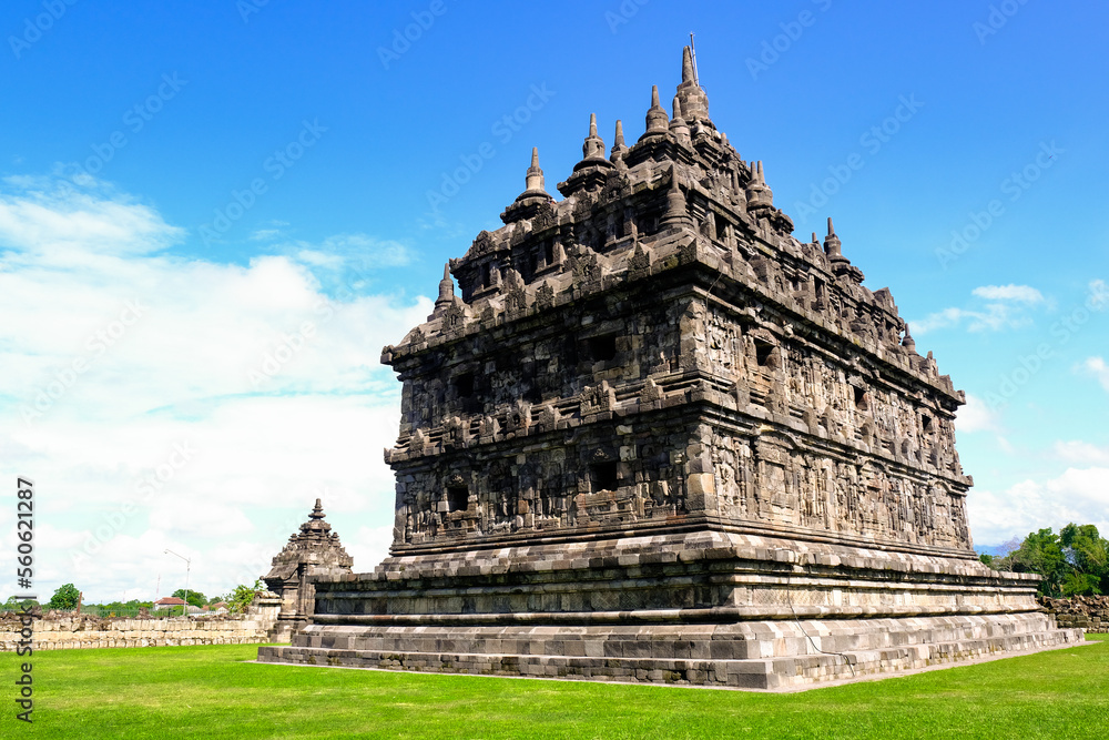The twin Buddhist Temple of Plaosan in Yogyakarta under bright blue sky
