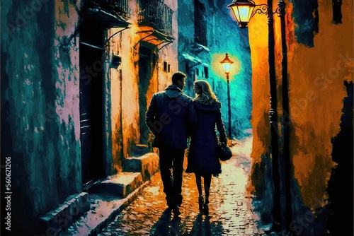 A couple walks at night in an alley