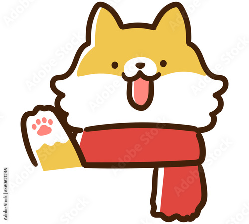 右手を挙げて返事をするマフラーを巻いたかわいい柴犬の手書き風デフォルメイラスト