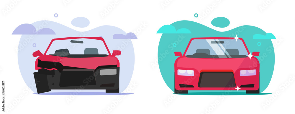 Car before after crash flat vector icon or vehicle broken and repaired after wreck accident, auto refurbished restored and rebuild service, automobile damage and new illustration graphic image Car before after crash flat vector icon or vehicle broken and repaired after wreck accident, auto refurbished restored and rebuild service, automobile damage and new illustration graphic image