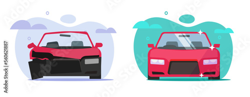Car before after crash flat vector icon or vehicle broken and repaired after wreck accident, auto refurbished restored and rebuild service, automobile damage and new illustration graphic image