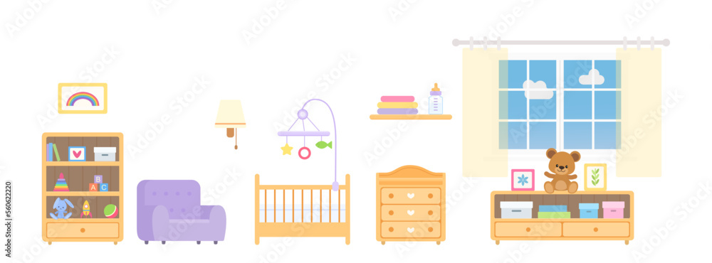 Nursery with window, furniture and toys on white background. Home interior concept. Cartoon flat style. Vector illustration