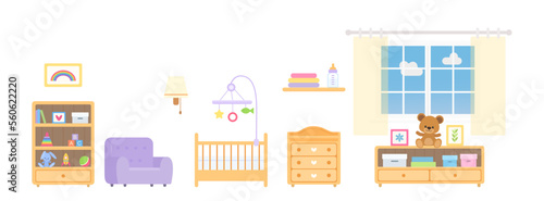 Nursery with window, furniture and toys on white background. Home interior concept. Cartoon flat style. Vector illustration