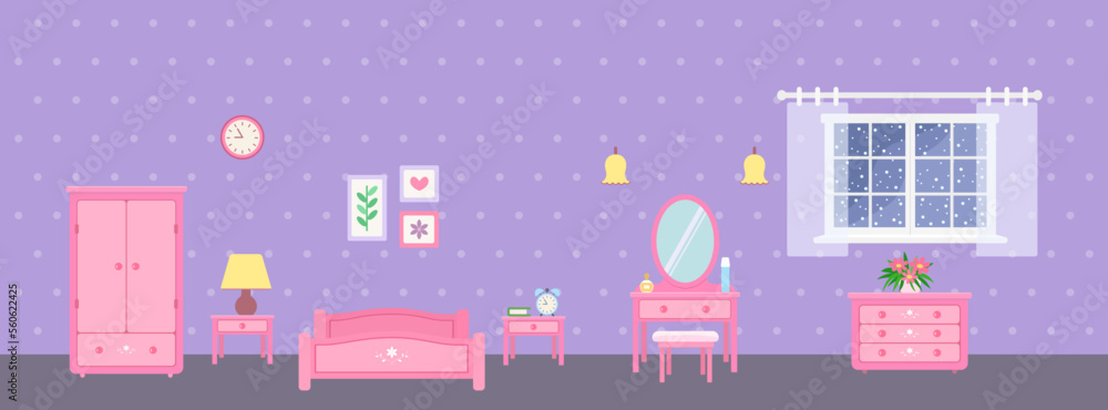 Bedroom with window, pink furniture and accessories on purple background. Doll house interior concept. Cartoon flat style. Vector illustration Bedroom with window, pink furniture and accessories on purple background. Doll house interior concept. Cartoon flat style. Vector illustration
