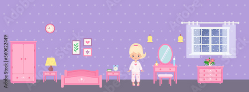 Cute chibi girl character in bedroom with pink furniture on purple background. Doll house interior concept. Cartoon flat style. Vector illustration