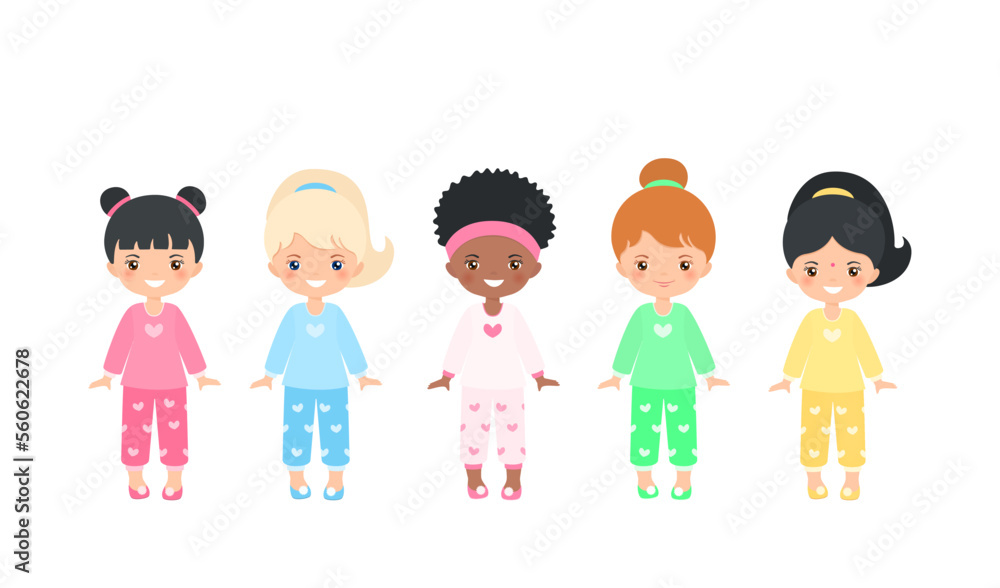 Set of cute chibi girls characters dressed in pajamas. Isolated on white background. Doll house interior concept. Cartoon flat style. Vector illustration Set of cute chibi girls characters dressed in pajamas. Isolated on white background. Doll house interior concept. Cartoon flat style. Vector illustration