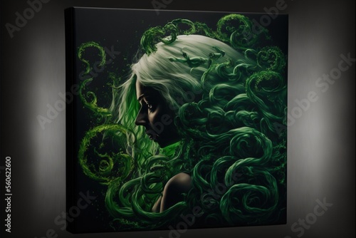 The witch's hair stands on end as she unleashes a storm of green smoke, the colour of envy and poison, malevolent energy, swirling around her, protecting her Fototapeta