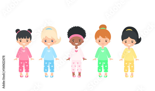 Set of cute chibi girls characters dressed in pajamas. Isolated on white background. Doll house interior concept. Cartoon flat style. Vector illustration