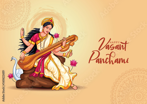 Sarasvati for happy Vasant Panchami Puja of India. poster, banner, flyer vector illustration design photo