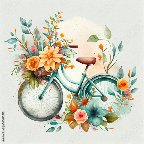 Fototapeta Naklejka Na Ścianę i Meble -  Cute Watercolor Bike with Flowers Illustrated Generative AI