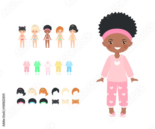 Cute African American chibi girl dressed in pajamas. Dress up paper doll. Doll house interior concept. Cartoon flat style. Vector illustration
