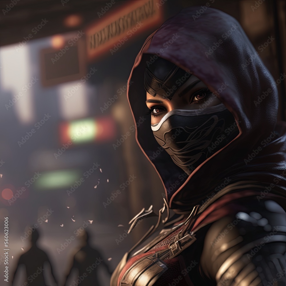 Female shinobi ninja wearing a demon mask. Stock Illustration Adobe Stock