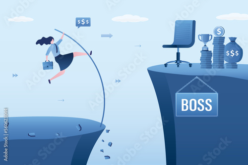 Businesswoman jumping pole vault over abyss to boss chair. Career growth, career target achievement, peak time of life, self development. Employee fast promotion on career ladder.