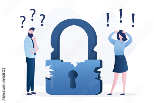 Unhappy users panicked because padlock cracked and started to break. Broken security system, hacked account, weak or bad password or security.