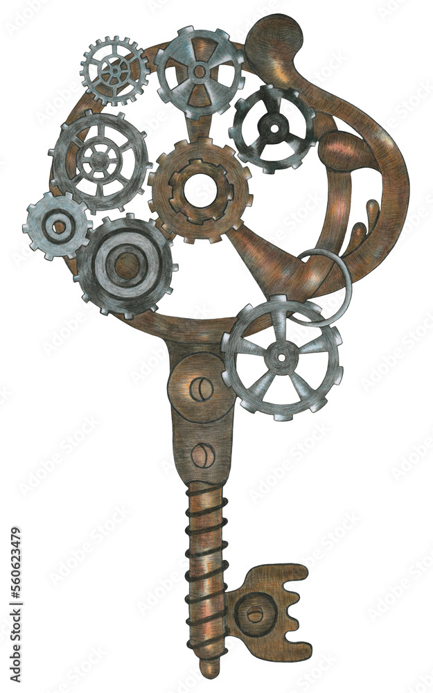 Obraz premium Hand Drawn Illustration of Colorful Steampunk Key in Gray and Brown Colors on White Background. Steampunk Key Design Element Drawn by Color Pencils.