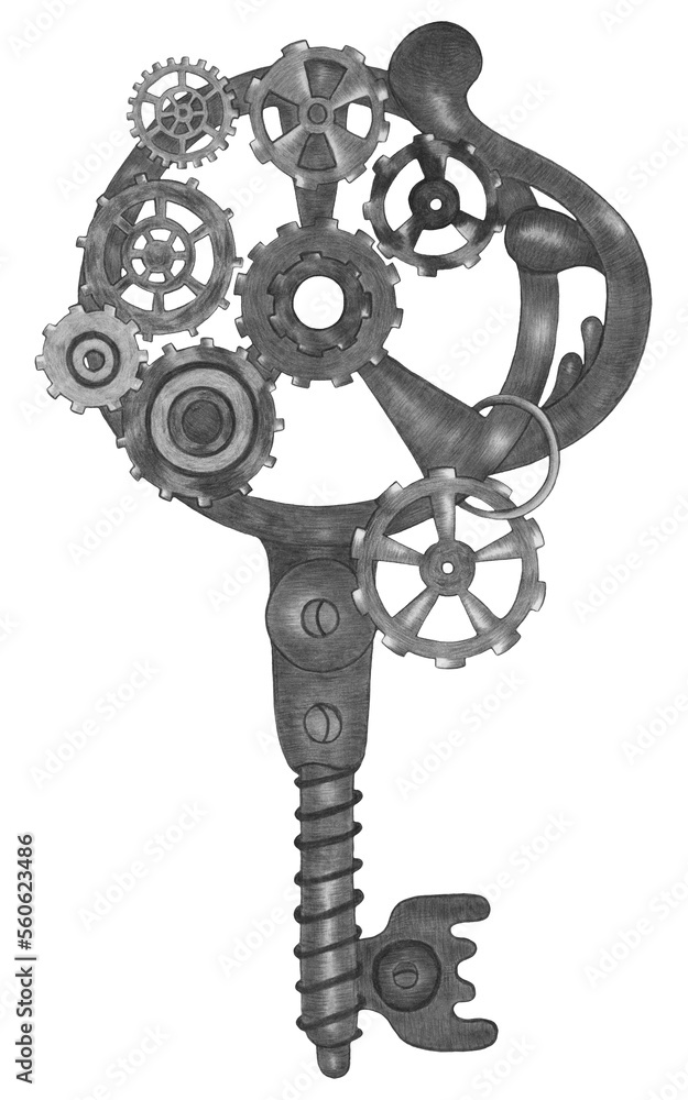 Obraz premium Hand Drawn Illustration of Colorful Steampunk Key in Gray Colors on White Background. Steampunk Key Design Element Drawn by Color Pencils.