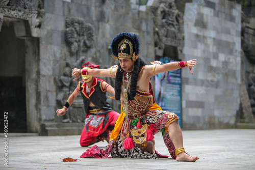Two Javanese guys performing traditional mask dance in Yogyakarta, 20 December 2022 photo