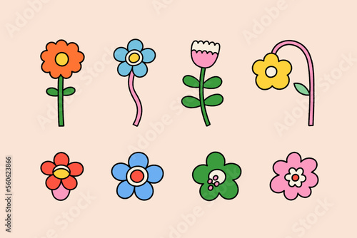 Vector set of flower retro groovy illustration. Hippie style floral element