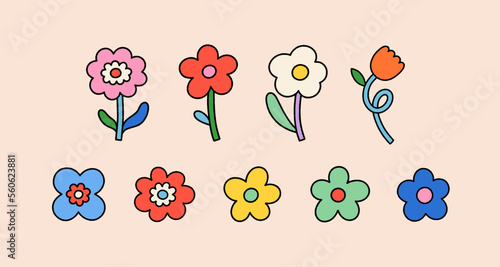 Vector set of flower retro groovy illustration. Hippie style floral element