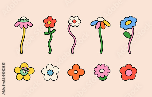 Vector set of flower retro groovy illustration. Hippie style floral element
