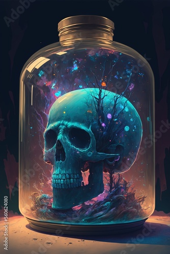 Human skeleton skull floating inside laboratory glass jar, infused with viral pathogen and alien mutagen forbidden experiment - Generative AI illustration. photo