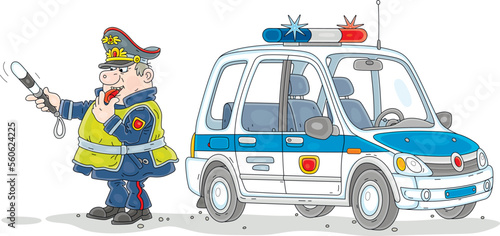Police car and a traffic policeman with a baton and a whistle on-duty patrolling on a road, vector cartoon illustration isolated on a white background