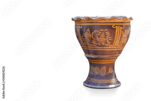 yellow and brown clay pot is placed on a yellow and brown clay pedestal on white background, object, decor, vintage, copy space