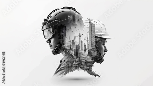 Future of buildings construction engineering the devotion project with double exposure to civil engineering design. Future modern construction projects. Generative AI	
