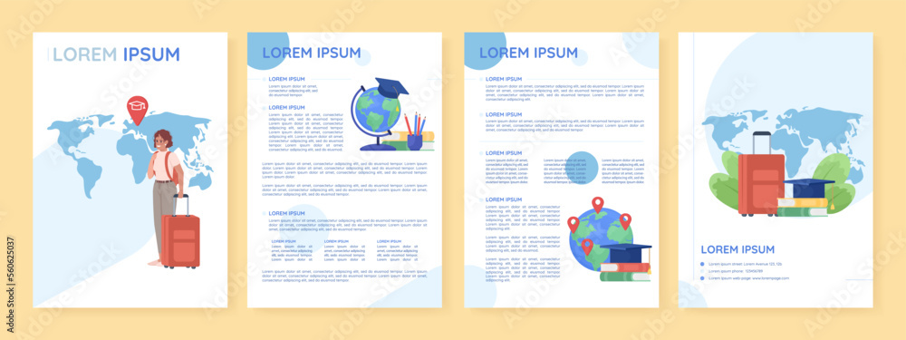 Move to study abroad flat vector brochure template. Foreign university booklet, leaflet printable flat color designs. Editable magazine page, reports kit with text space. Quicksand font used