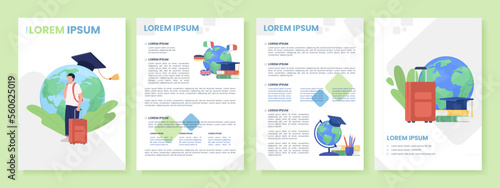 Travelling student flat vector brochure template. Learn languages booklet, leaflet printable flat color designs. Editable magazine page, reports kit with text space. Poppins, Quicksand fonts used