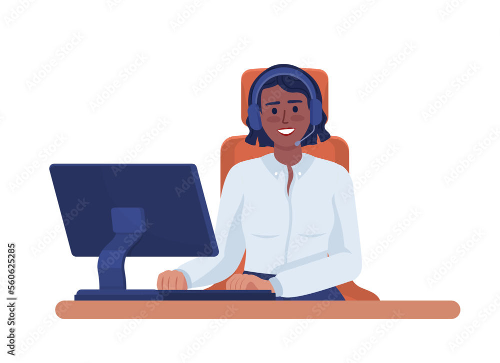 Happy call center consultant with headset semi flat color vector character. Editable figure. Full body person on white. Simple cartoon style illustration for web graphic design and animation Happy call center consultant with headset semi flat color vector character. Editable figure. Full body person on white. Simple cartoon style illustration for web graphic design and animation