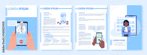 Clinical services online flat vector brochure template. Booklet, leaflet printable flat color designs. Editable magazine page, reports kit with text space. Roboto Myriad Pro fonts used