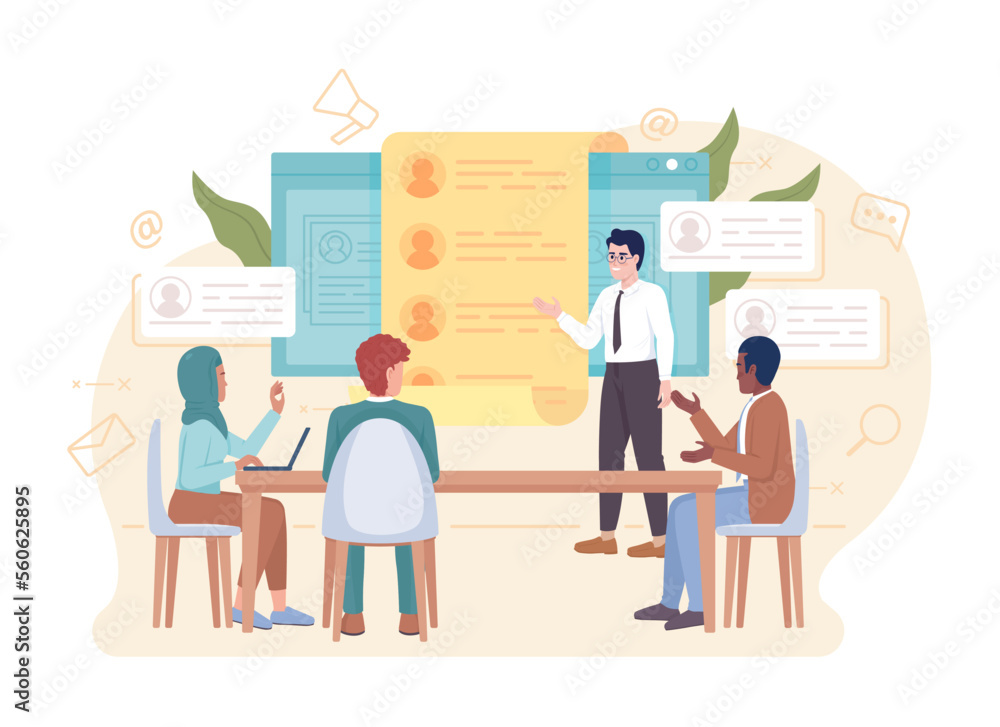 Candidate discussion flat concept vector illustration. Coworkers meeting. Editable 2D cartoon characters on white for web design. HR department creative idea for website, mobile, presentation