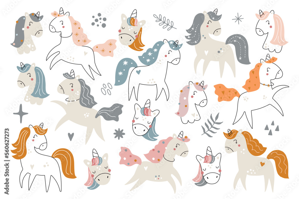 Set of illustrations of unicorns. Cute horses in different poses. Pony with magical design elements for kids. Set of illustrations of unicorns. Cute horses in different poses. Pony with magical design elements for kids.